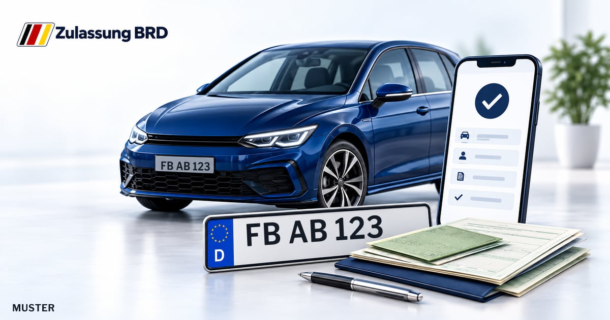 Online Fahrzeugzulassung in Reichelsheim (Wetterau): Musterkennzeichen FB AB 123, Auto und Fahrzeugpapiere und Smartphone. Illustration mit Logo von Zulassung BRD.